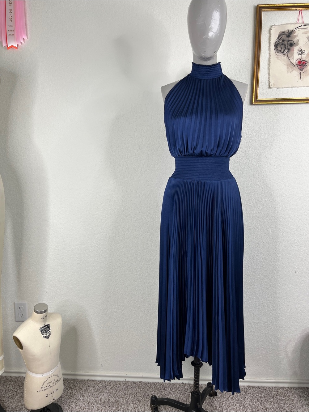 A.L.C. Navy Blue Pleated Halter Midi Dress